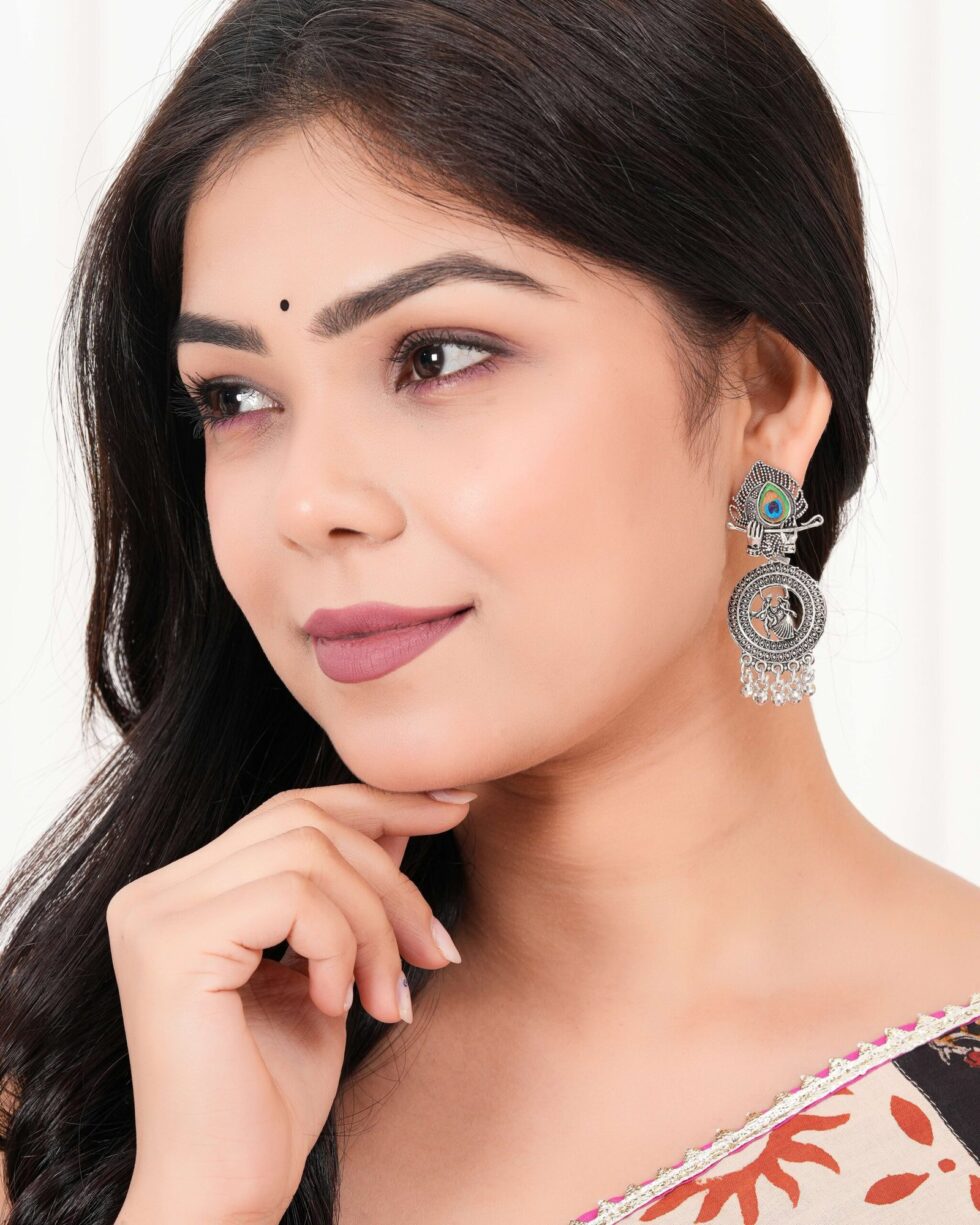 Oxidized Silver Radha Krishna Earrings with Peacock Feather – Traditional Indian Ethnic Dangle Jhumka Jewelry for Women (BLACKLUXE CRAFTS) - BLACKLUXECRAFTS