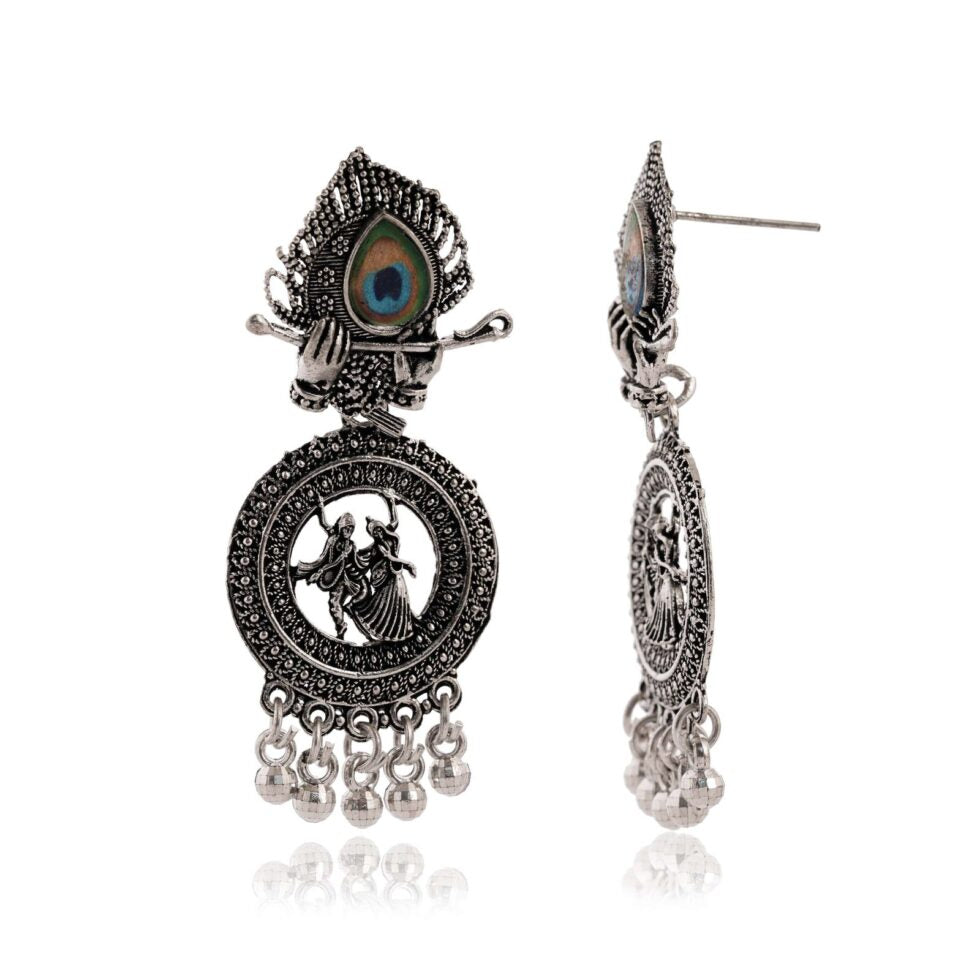 Oxidized Silver Radha Krishna Earrings with Peacock Feather – Traditional Indian Ethnic Dangle Jhumka Jewelry for Women (BLACKLUXE CRAFTS) - BLACKLUXECRAFTS