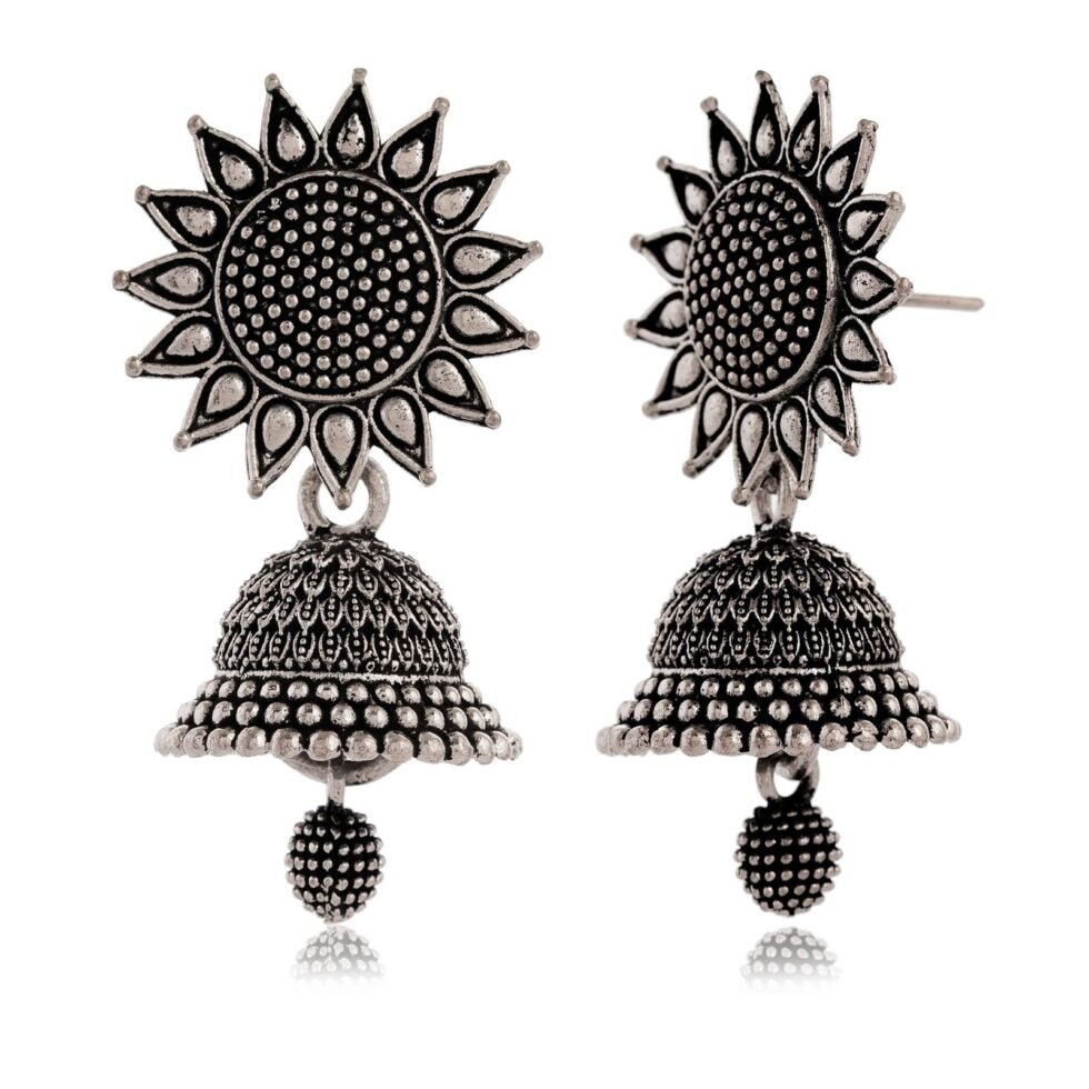 Oxidized Silver Sunflower Jhumka Earrings – Boho Chic Ethnic Indian Dangle Jewelry for Women (BLACKLUXE CRAFTS) - BLACKLUXECRAFTS