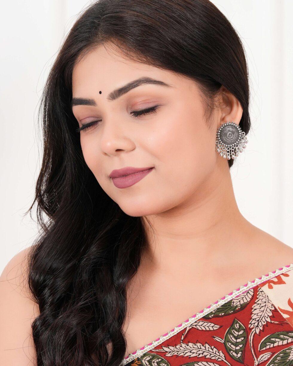 Handmade Oxidized Silver Stud Earrings with Dangling Beads – Ethnic Boho Tribal Jewelry for Women (BLACKLUXE CRAFTS) - BLACKLUXECRAFTS