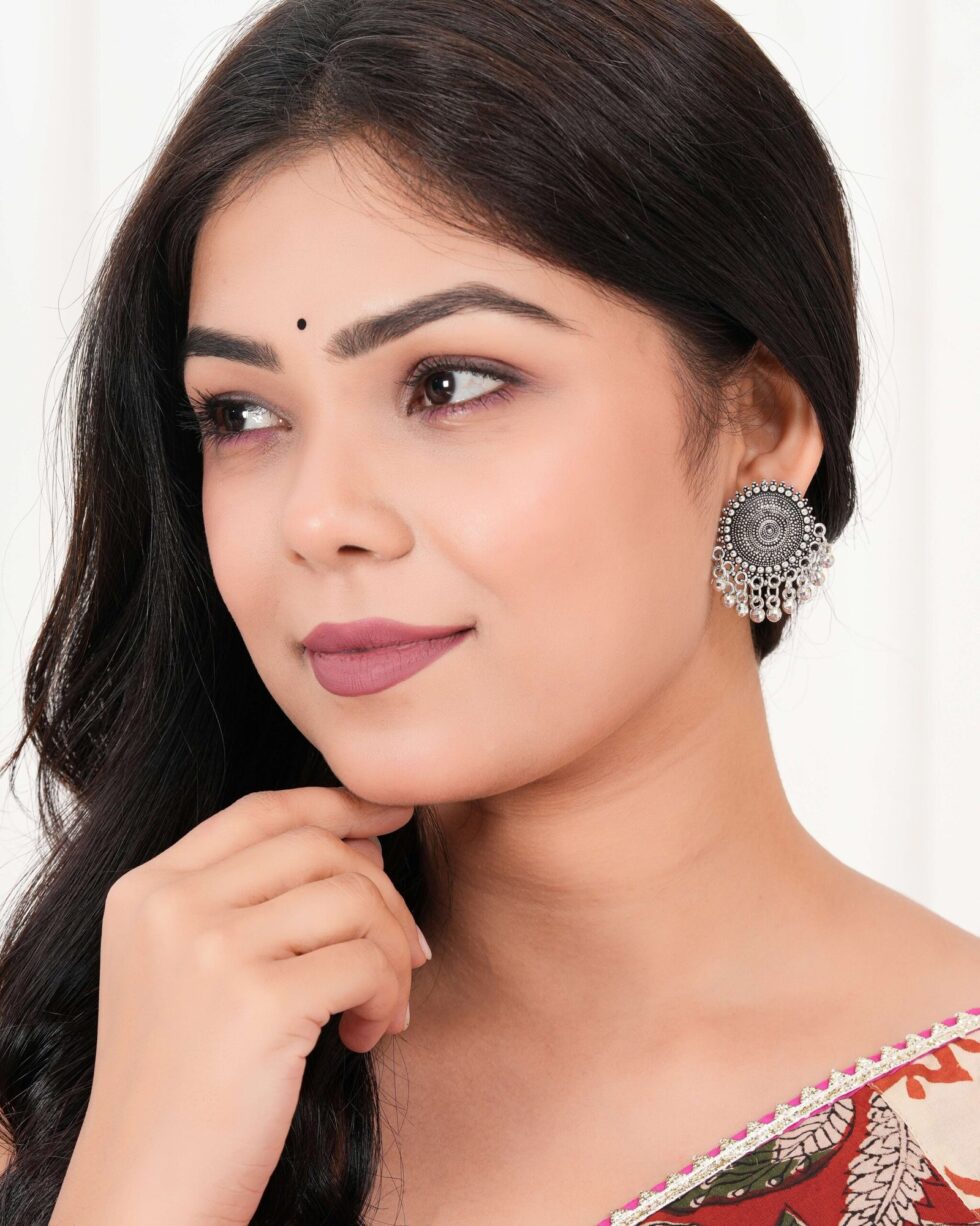 Handmade Oxidized Silver Stud Earrings with Dangling Beads – Ethnic Boho Tribal Jewelry for Women (BLACKLUXE CRAFTS) - BLACKLUXECRAFTS