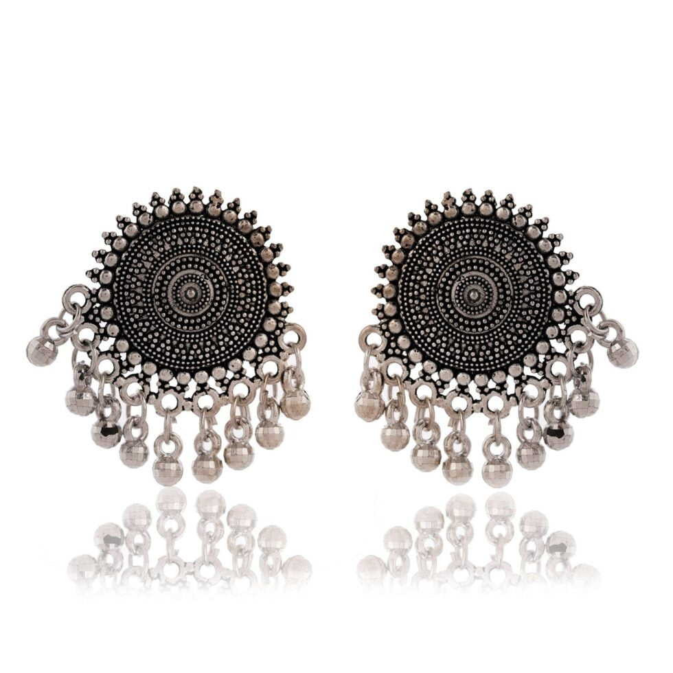 Handmade Oxidized Silver Stud Earrings with Dangling Beads – Ethnic Boho Tribal Jewelry for Women (BLACKLUXE CRAFTS) - BLACKLUXECRAFTS