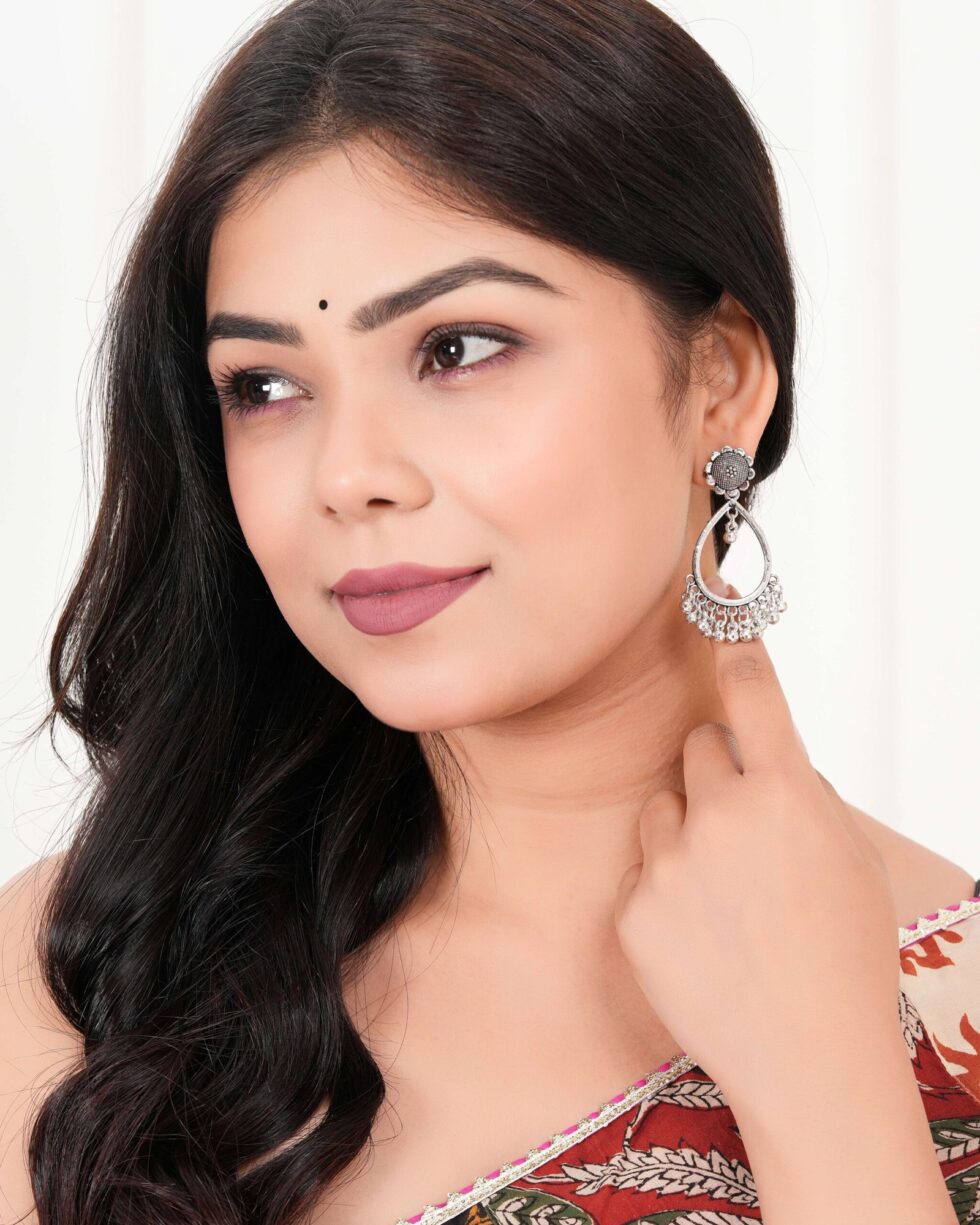 Handmade Oxidized Silver Teardrop Earrings with Flower Stud – Ethnic Boho Dangle Jewelry for Women (BLACKLUXE CRAFTS) - BLACKLUXECRAFTS
