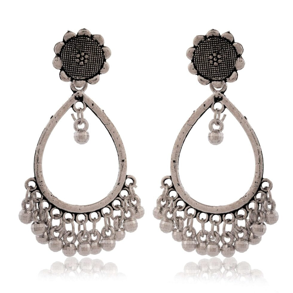 Handmade Oxidized Silver Teardrop Earrings with Flower Stud – Ethnic Boho Dangle Jewelry for Women (BLACKLUXE CRAFTS) - BLACKLUXECRAFTS
