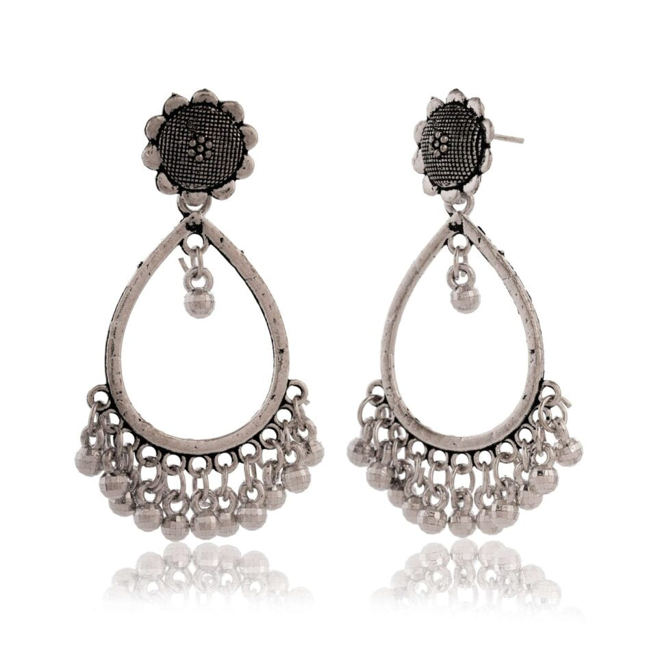 Handmade Oxidized Silver Teardrop Earrings with Flower Stud – Ethnic Boho Dangle Jewelry for Women (BLACKLUXE CRAFTS) - BLACKLUXECRAFTS