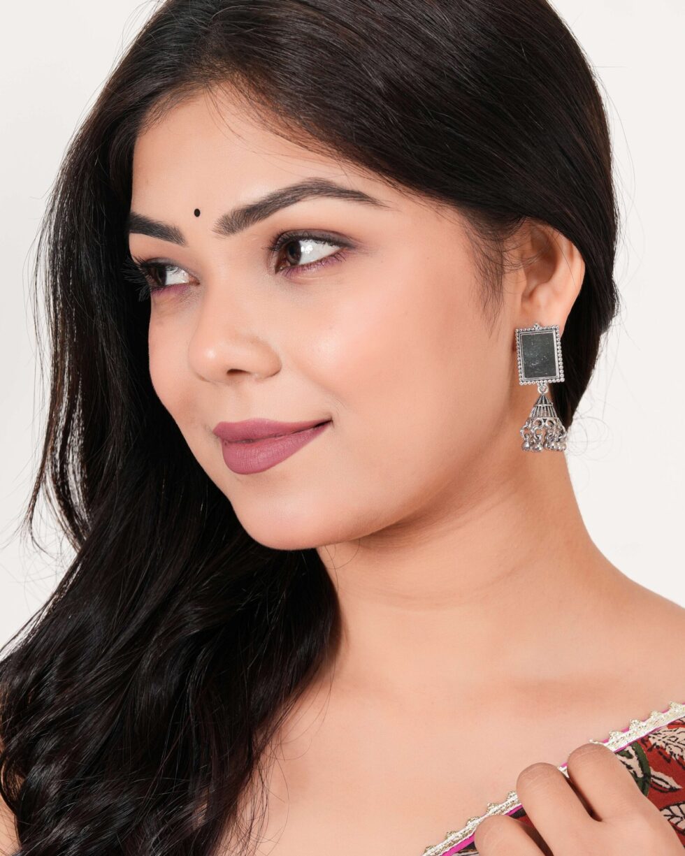 Handmade Oxidized Silver Rectangular Mirror Earrings with Jhumka Beads – Ethnic Boho Tribal Jewelry for Women (BLACKLUXE CRAFTS) - BLACKLUXECRAFTS