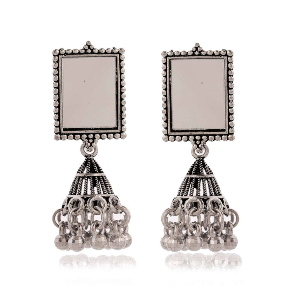 Handmade Oxidized Silver Rectangular Mirror Earrings with Jhumka Beads – Ethnic Boho Tribal Jewelry for Women (BLACKLUXE CRAFTS) - BLACKLUXECRAFTS