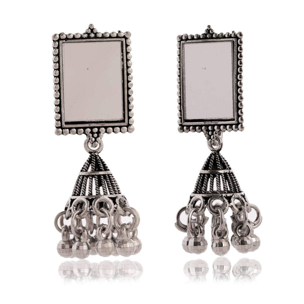 Handmade Oxidized Silver Rectangular Mirror Earrings with Jhumka Beads – Ethnic Boho Tribal Jewelry for Women (BLACKLUXE CRAFTS) - BLACKLUXECRAFTS