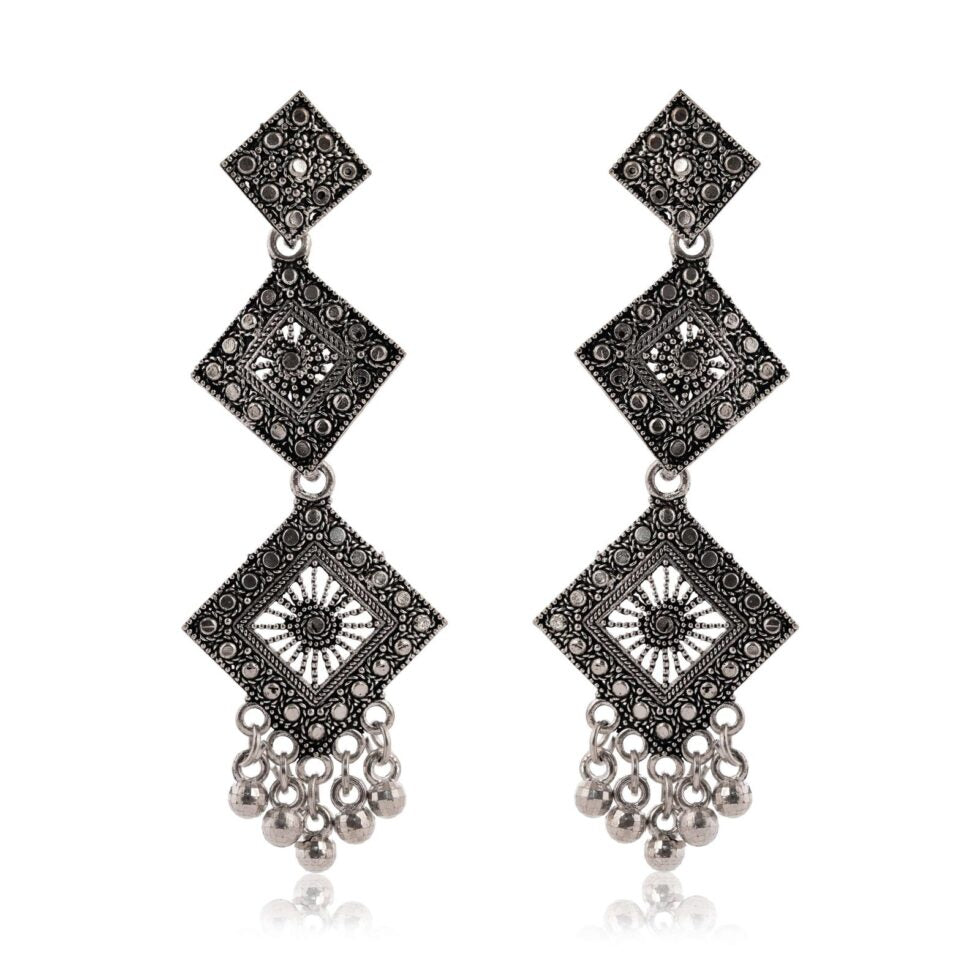 Handmade Oxidized Silver Geometric Dangle Earrings – Ethnic Tribal Boho Jewelry for Women (BLACKLUXE CRAFTS) - BLACKLUXECRAFTS