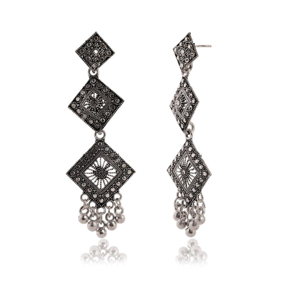 Handmade Oxidized Silver Geometric Dangle Earrings – Ethnic Tribal Boho Jewelry for Women (BLACKLUXE CRAFTS) - BLACKLUXECRAFTS