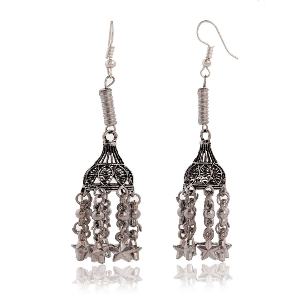 Handmade Oxidized Silver Long Dangle Earrings with Star Charms – Ethnic Boho Tribal Jewelry for Women (BLACKLUXE CRAFTS) - BLACKLUXECRAFTS