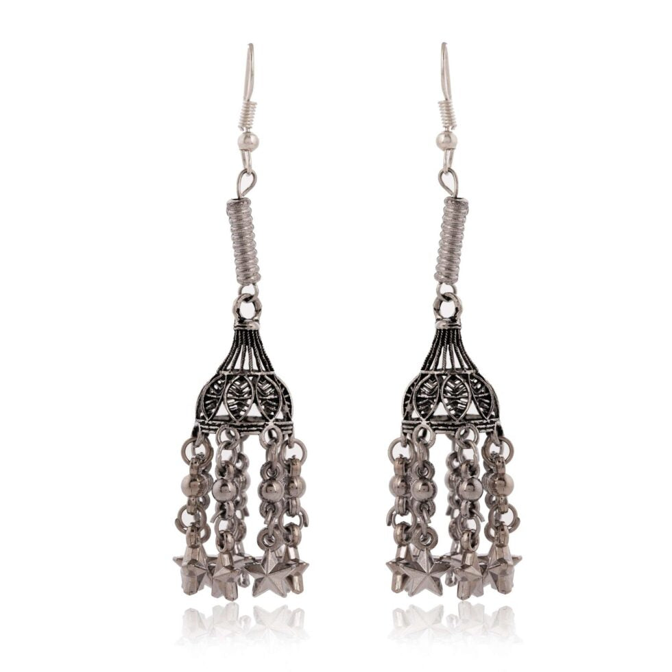 Handmade Oxidized Silver Long Dangle Earrings with Star Charms – Ethnic Boho Tribal Jewelry for Women (BLACKLUXE CRAFTS) - BLACKLUXECRAFTS