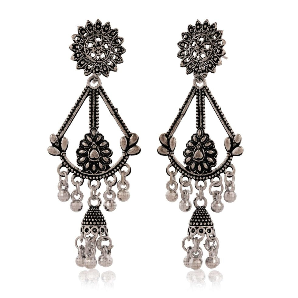 Oxidized Silver Chandelier Earrings for Women – Bohemian Tribal Statement Jewelry, Ethnic Festival & Party Accessories (BLACKLUXE CRAFTS) - BLACKLUXECRAFTS
