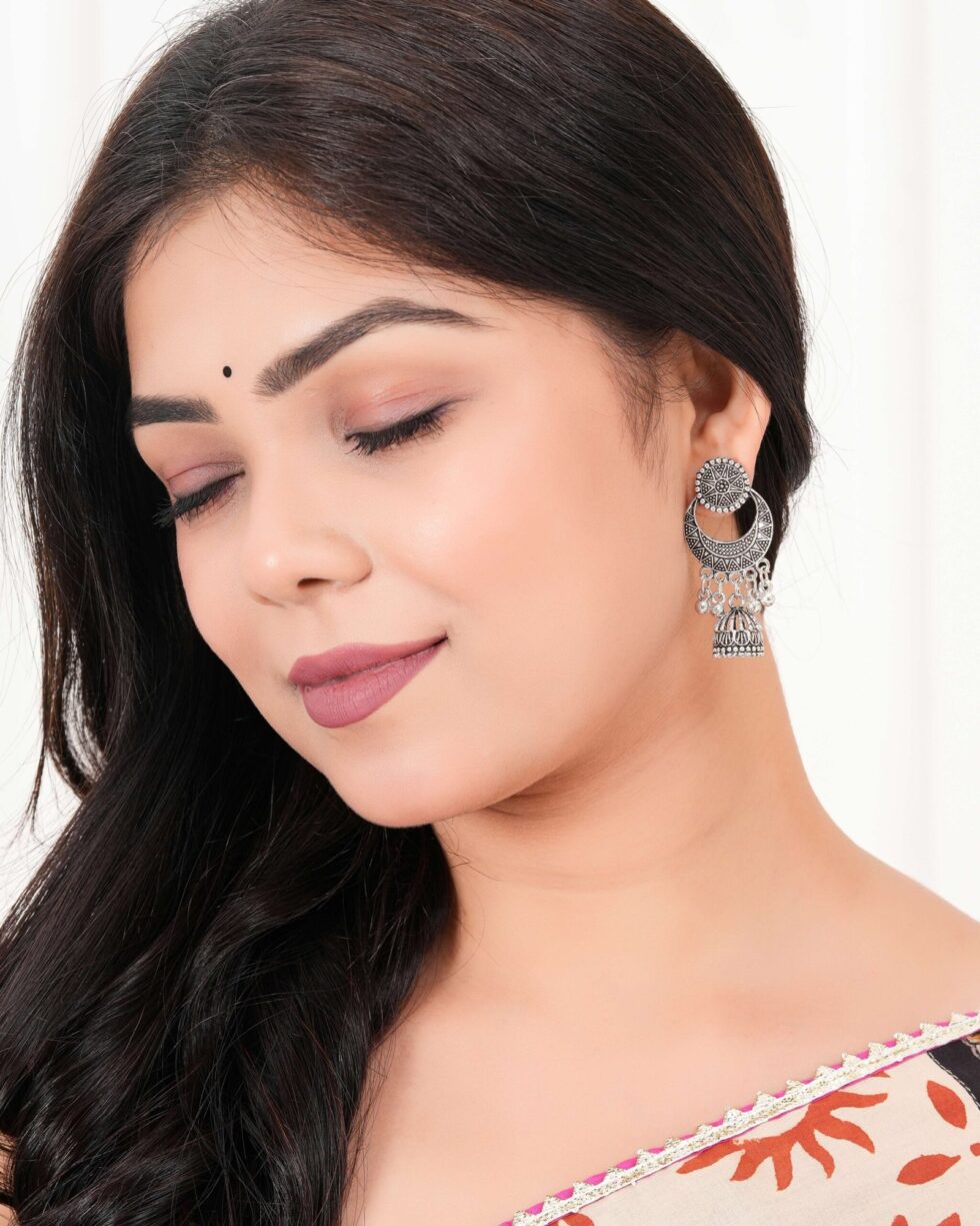 Oxidized Silver Crescent Moon Jhumka Earrings for Women – Bohemian Tribal Statement Jewelry, Ethnic Festival & Party Accessories (BLACKLUXE CRAFTS) - BLACKLUXECRAFTS
