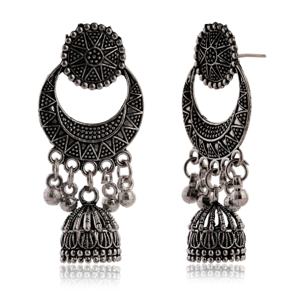 Oxidized Silver Crescent Moon Jhumka Earrings for Women – Bohemian Tribal Statement Jewelry, Ethnic Festival & Party Accessories (BLACKLUXE CRAFTS) - BLACKLUXECRAFTS