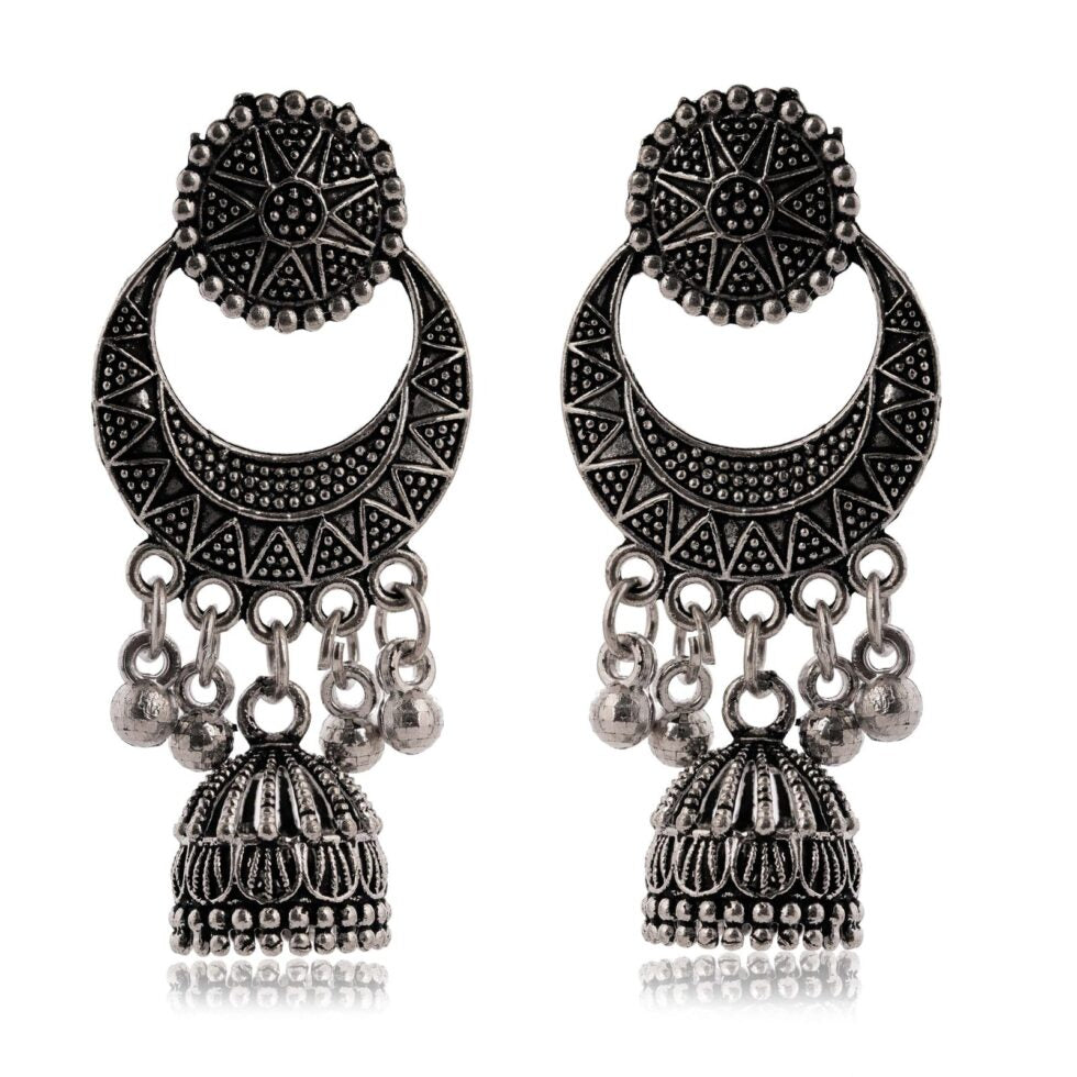Oxidized Silver Crescent Moon Jhumka Earrings for Women – Bohemian Tribal Statement Jewelry, Ethnic Festival & Party Accessories (BLACKLUXE CRAFTS) - BLACKLUXECRAFTS