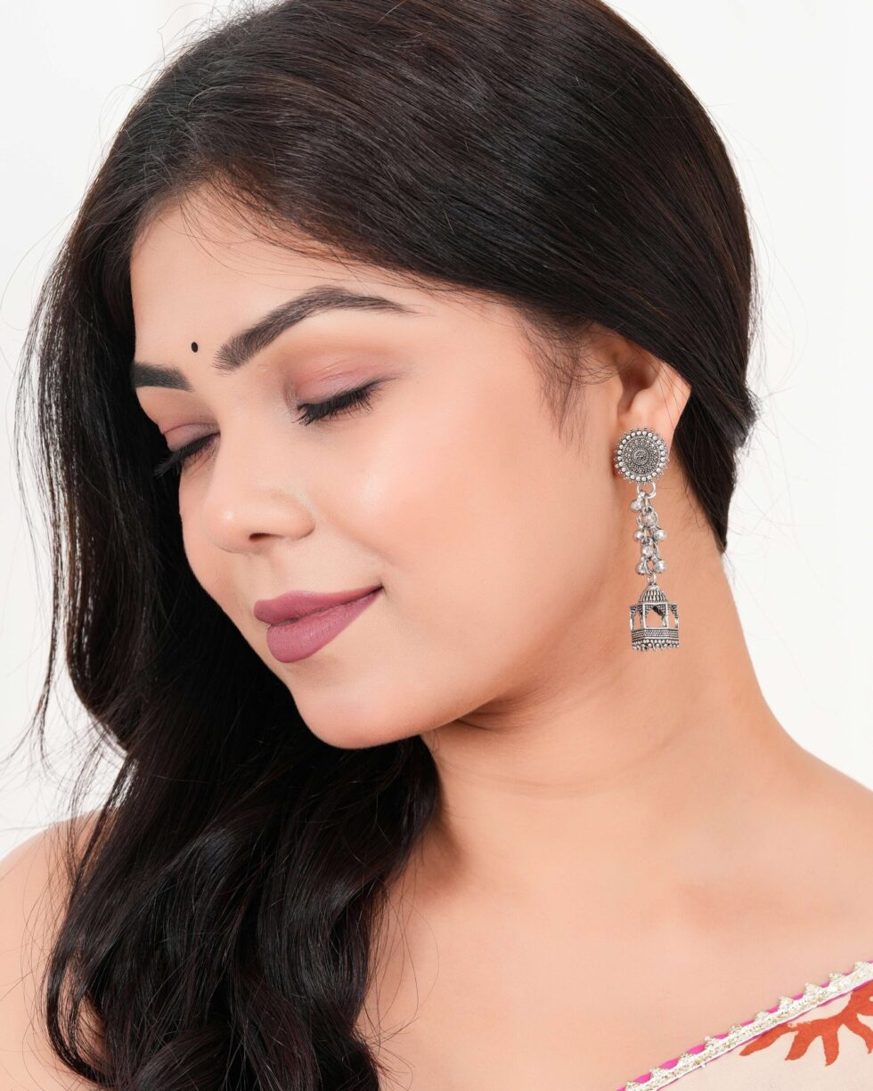 Oxidized Silver Temple Dome Jhumka Earrings for Women – Ethnic Bohemian Statement Jewelry, Tribal Festival & Party Accessories (BLACKLUXE CRAFTS) - BLACKLUXECRAFTS