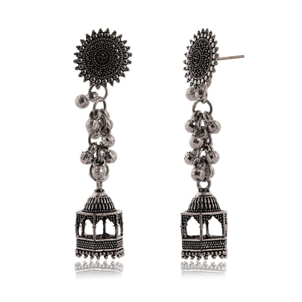 Oxidized Silver Temple Dome Jhumka Earrings for Women – Ethnic Bohemian Statement Jewelry, Tribal Festival & Party Accessories (BLACKLUXE CRAFTS) - BLACKLUXECRAFTS