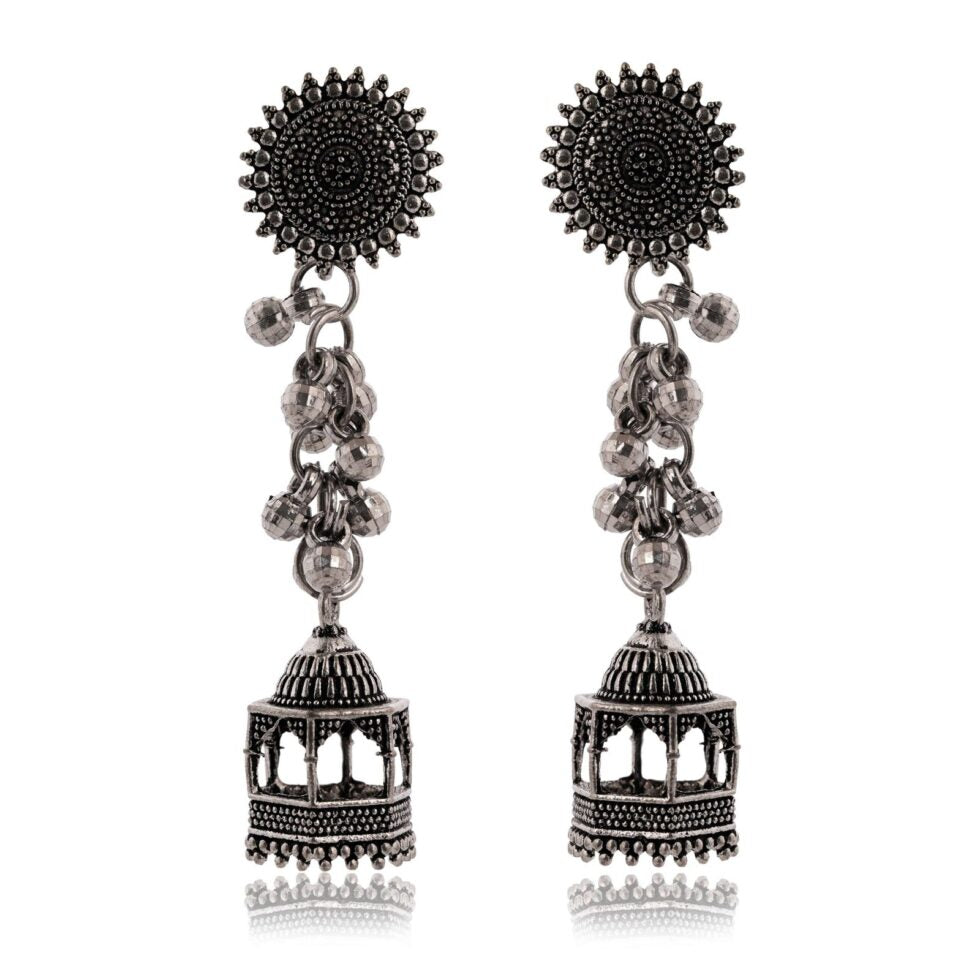 Oxidized Silver Temple Dome Jhumka Earrings for Women – Ethnic Bohemian Statement Jewelry, Tribal Festival & Party Accessories (BLACKLUXE CRAFTS) - BLACKLUXECRAFTS