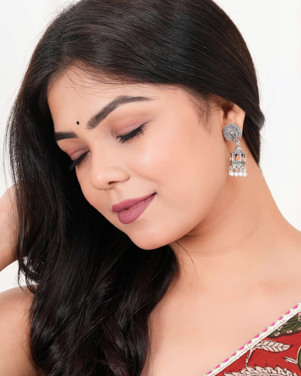 Handcrafted Oxidized Silver Jhumka Earrings – Indian Temple Dome Design with Pearl Beads (BLACKLUXE CRAFTS) - BLACKLUXECRAFTS