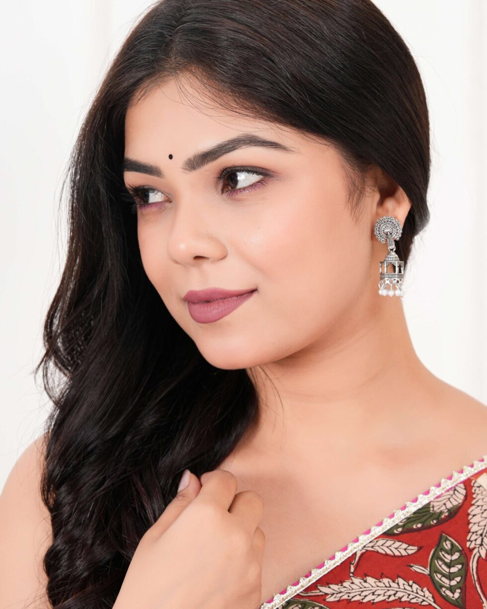 Handcrafted Oxidized Silver Jhumka Earrings – Indian Temple Dome Design with Pearl Beads (BLACKLUXE CRAFTS) - BLACKLUXECRAFTS