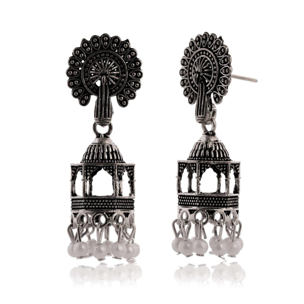 Handcrafted Oxidized Silver Jhumka Earrings – Indian Temple Dome Design with Pearl Beads (BLACKLUXE CRAFTS) - BLACKLUXECRAFTS