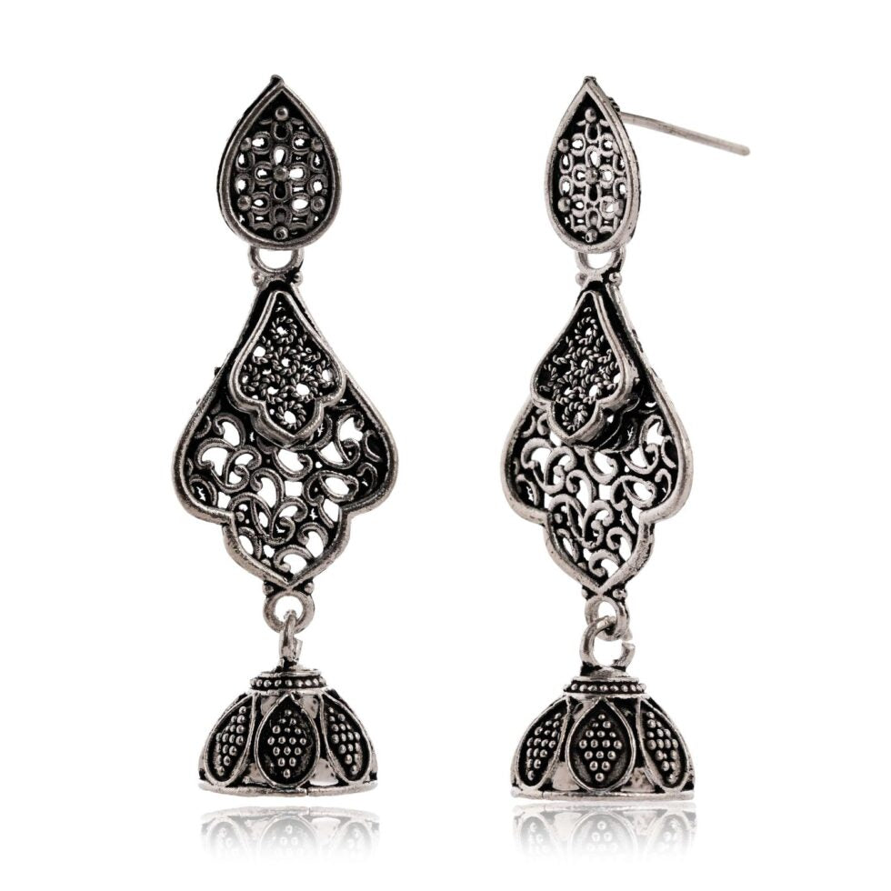 Handcrafted Oxidized Silver Filigree Drop Earrings – Lotus Dome Indian Ethnic Jewelry (BLACKLUXE CRAFTS) - BLACKLUXECRAFTS