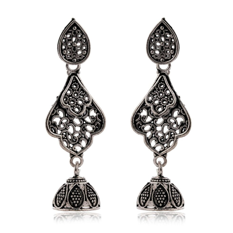Handcrafted Oxidized Silver Filigree Drop Earrings – Lotus Dome Indian Ethnic Jewelry (BLACKLUXE CRAFTS) - BLACKLUXECRAFTS
