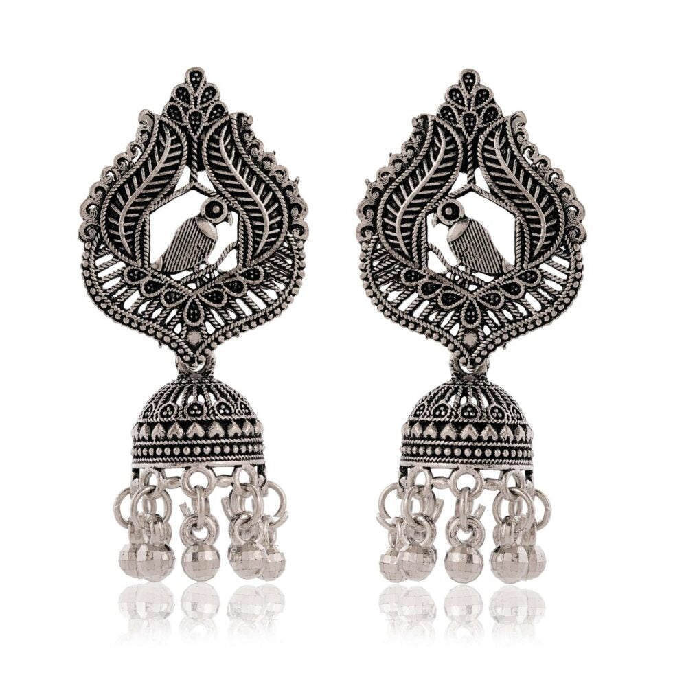 Handcrafted Oxidized Silver Bird Motif Earrings – Indian Ethnic Jhumka Dangle Jewelry for Women (BLACKLUXE CRAFTS) - BLACKLUXECRAFTS