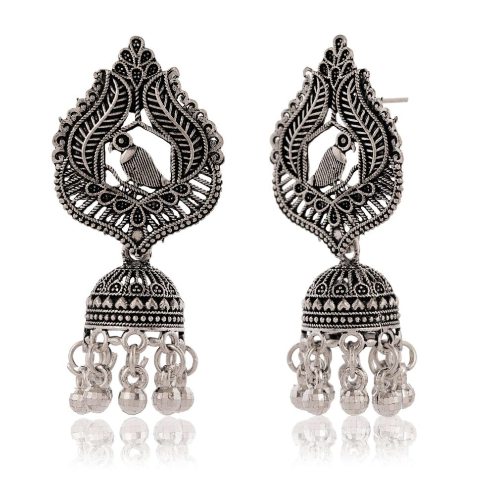 Handcrafted Oxidized Silver Bird Motif Earrings – Indian Ethnic Jhumka Dangle Jewelry for Women (BLACKLUXE CRAFTS) - BLACKLUXECRAFTS