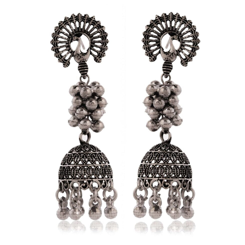 Handcrafted Oxidized Silver Peacock Jhumka Earrings – Indian Ethnic Boho Dangle Jewelry for Women (BLACKLUXE CRAFTS) - BLACKLUXECRAFTS