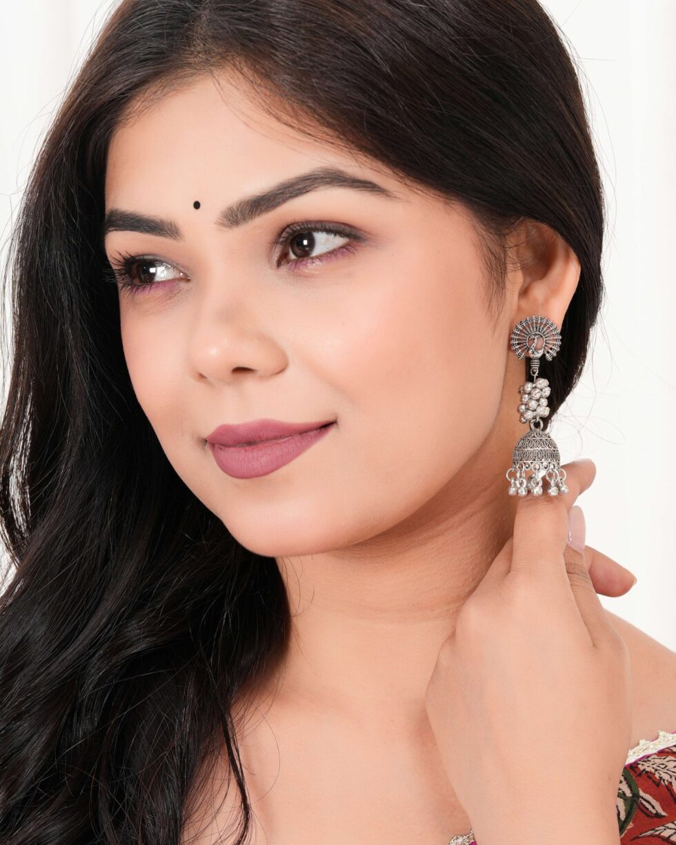 Handcrafted Oxidized Silver Peacock Jhumka Earrings – Indian Ethnic Boho Dangle Jewelry for Women (BLACKLUXE CRAFTS) - BLACKLUXECRAFTS