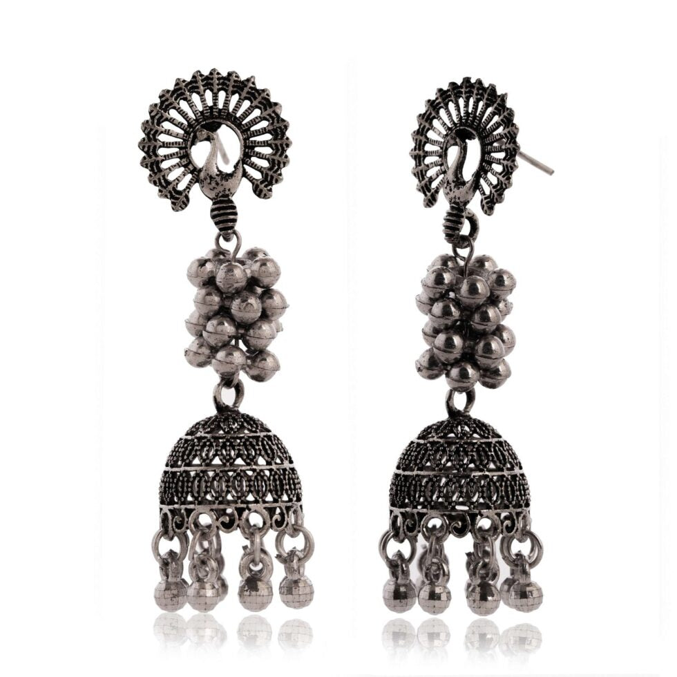 Handcrafted Oxidized Silver Peacock Jhumka Earrings – Indian Ethnic Boho Dangle Jewelry for Women (BLACKLUXE CRAFTS) - BLACKLUXECRAFTS