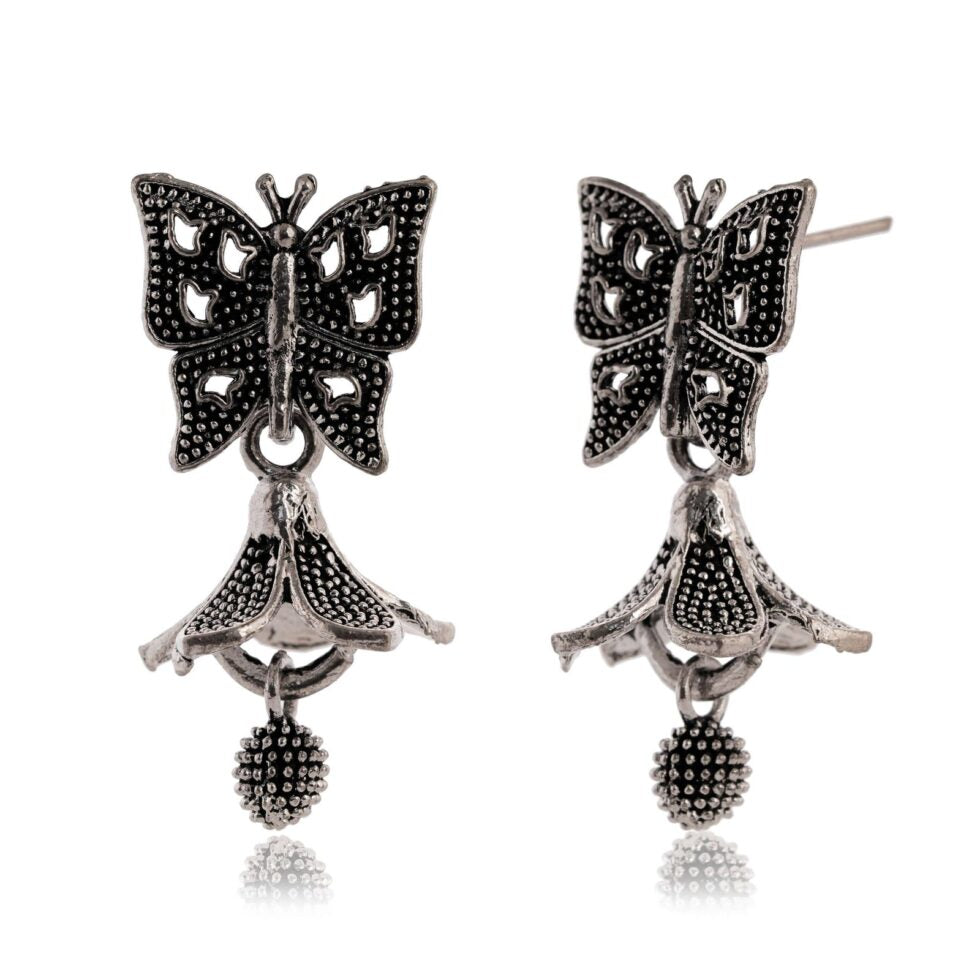 Handcrafted Oxidized Silver Butterfly Earrings – Boho Floral Dangle Ethnic Jewelry for Women (BLACKLUXE CRAFTS) - BLACKLUXECRAFTS