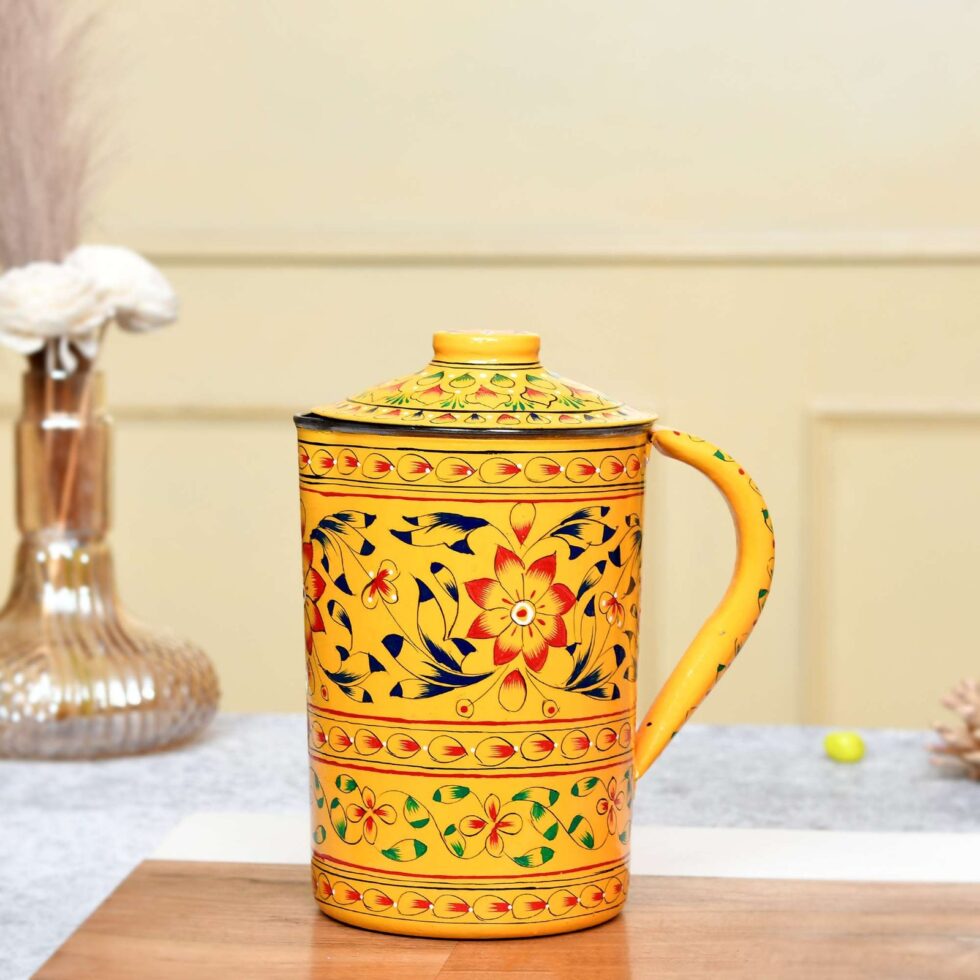 Handmade Indian Hand-Painted Floral Metal Water Jug with Lid – Vintage Ethnic Pitcher for Home & Kitchen (BLACKLUXE CRAFTS) - BLACKLUXECRAFTS
