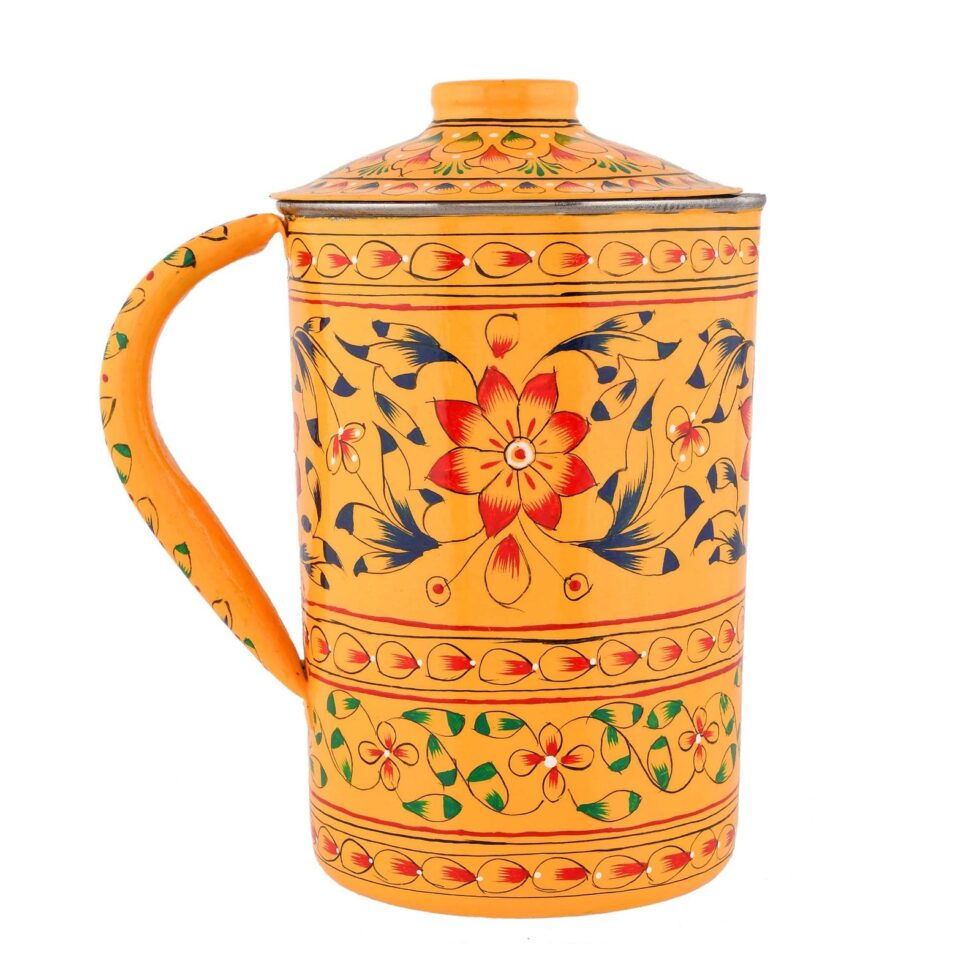 Handmade Indian Hand-Painted Floral Metal Water Jug with Lid – Vintage Ethnic Pitcher for Home & Kitchen (BLACKLUXE CRAFTS) - BLACKLUXECRAFTS