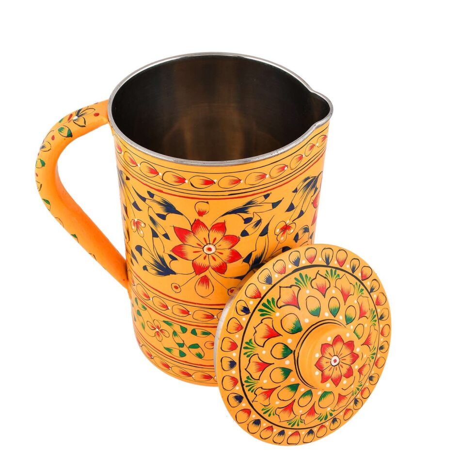 Handmade Indian Hand-Painted Floral Metal Water Jug with Lid – Vintage Ethnic Pitcher for Home & Kitchen (BLACKLUXE CRAFTS) - BLACKLUXECRAFTS
