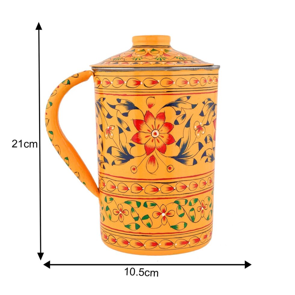 Handmade Indian Hand-Painted Floral Metal Water Jug with Lid – Vintage Ethnic Pitcher for Home & Kitchen (BLACKLUXE CRAFTS) - BLACKLUXECRAFTS