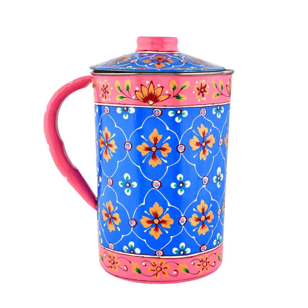 Handmade Rajasthani Hand-Painted Floral Metal Water Jug with Lid – Blue & Pink Ethnic Pitcher for Home Décor & Kitchen
(BLACKLUXE CRAFTS) - BLACKLUXECRAFTS