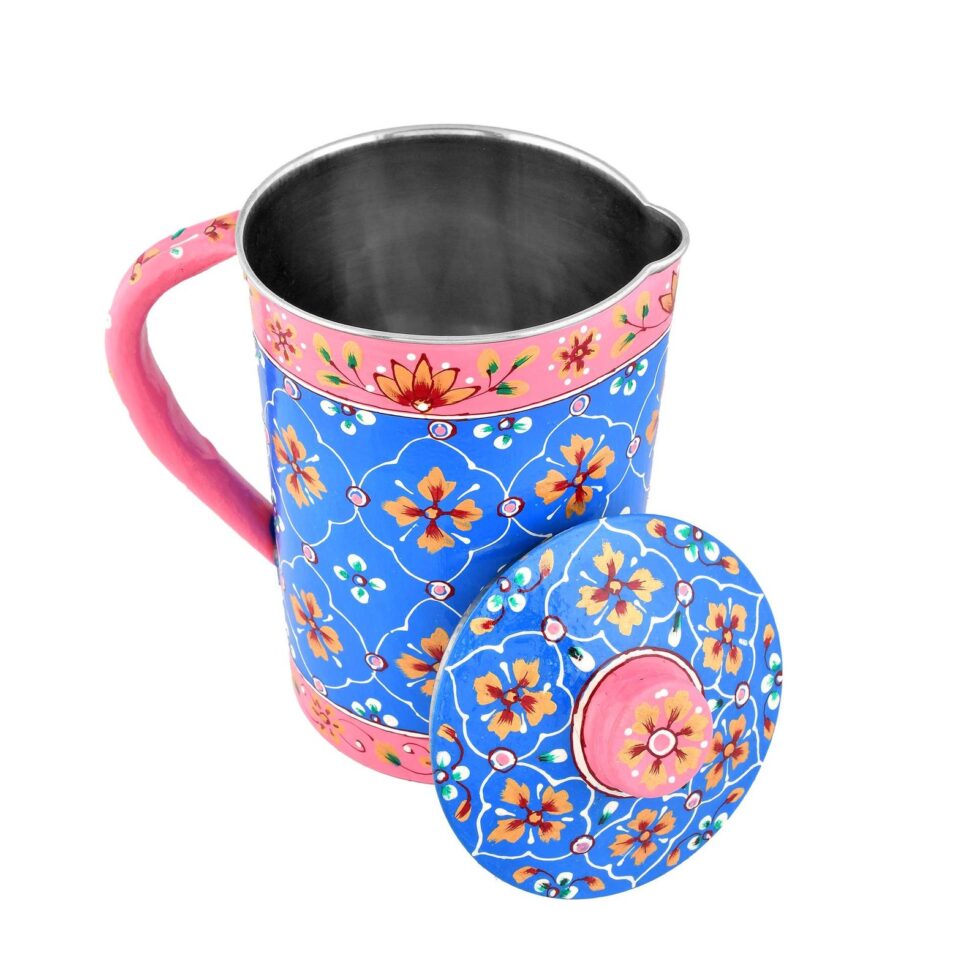 Handmade Rajasthani Hand-Painted Floral Metal Water Jug with Lid – Blue & Pink Ethnic Pitcher for Home Décor & Kitchen
(BLACKLUXE CRAFTS) - BLACKLUXECRAFTS