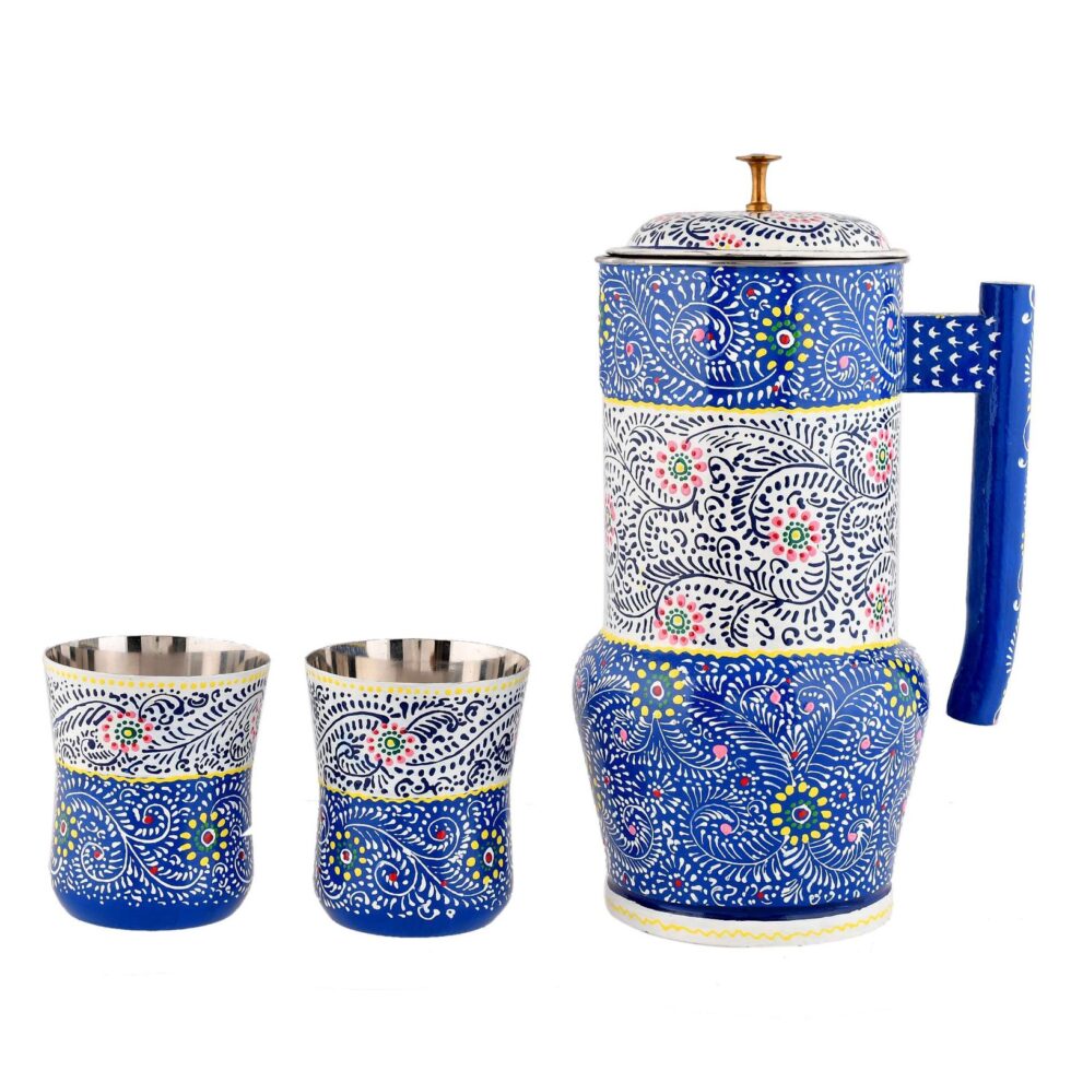 Handmade Rajasthani Hand-Painted Metal Water Jug Set with 2 Glasses – Blue Floral Ethnic Drinkware for Home & Gifting
(BLACKLUXE CRAFTS) - BLACKLUXECRAFTS