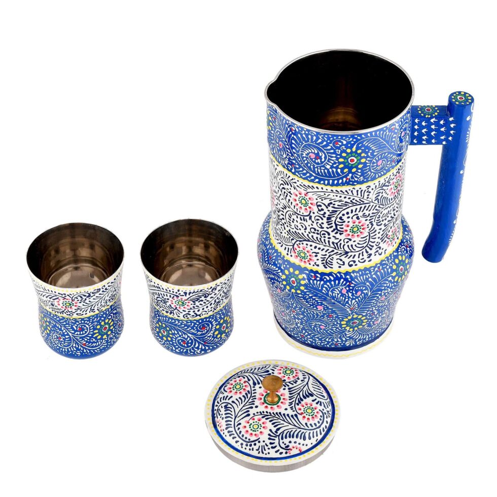 Handmade Rajasthani Hand-Painted Metal Water Jug Set with 2 Glasses – Blue Floral Ethnic Drinkware for Home & Gifting
(BLACKLUXE CRAFTS) - BLACKLUXECRAFTS
