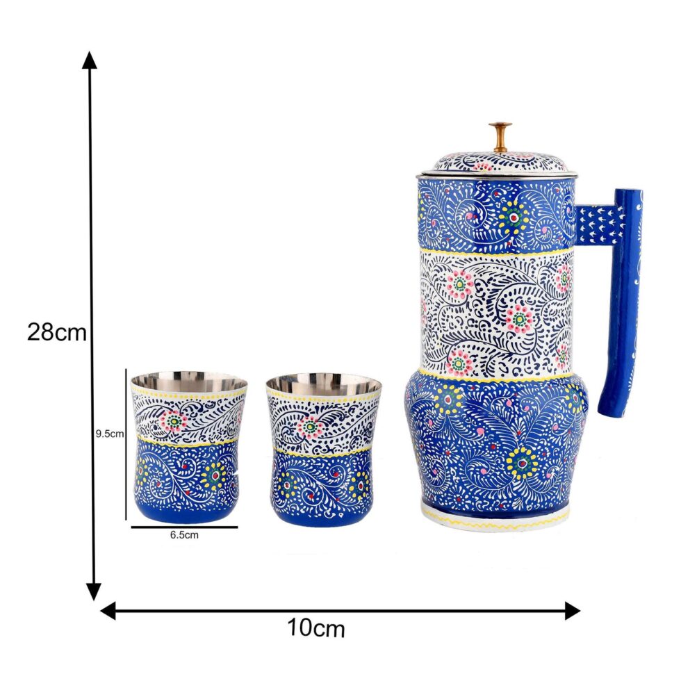 Handmade Rajasthani Hand-Painted Metal Water Jug Set with 2 Glasses – Blue Floral Ethnic Drinkware for Home & Gifting
(BLACKLUXE CRAFTS) - BLACKLUXECRAFTS