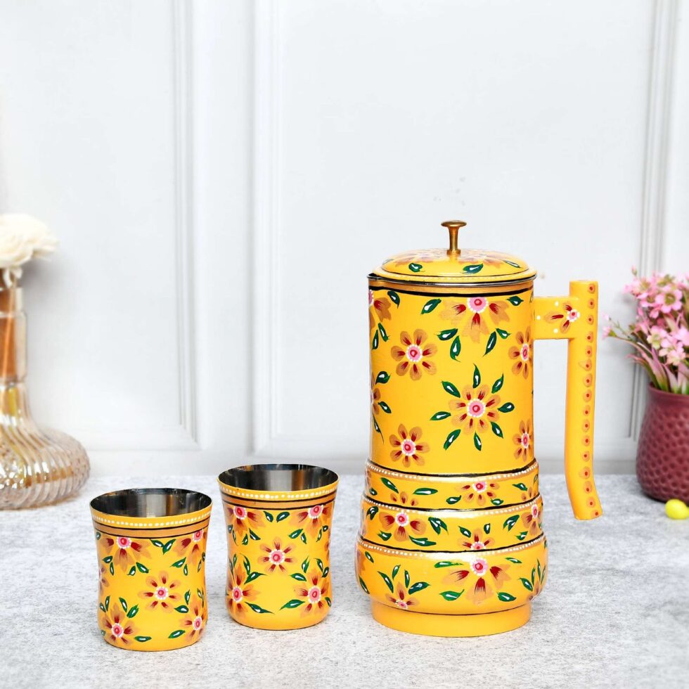 Handmade Rajasthani Hand-Painted Yellow Floral Metal Water Jug Set with 2 Glasses – Traditional Indian Drinkware for Home & Gifting (BLACKLUXE CRAFTS) - BLACKLUXECRAFTS