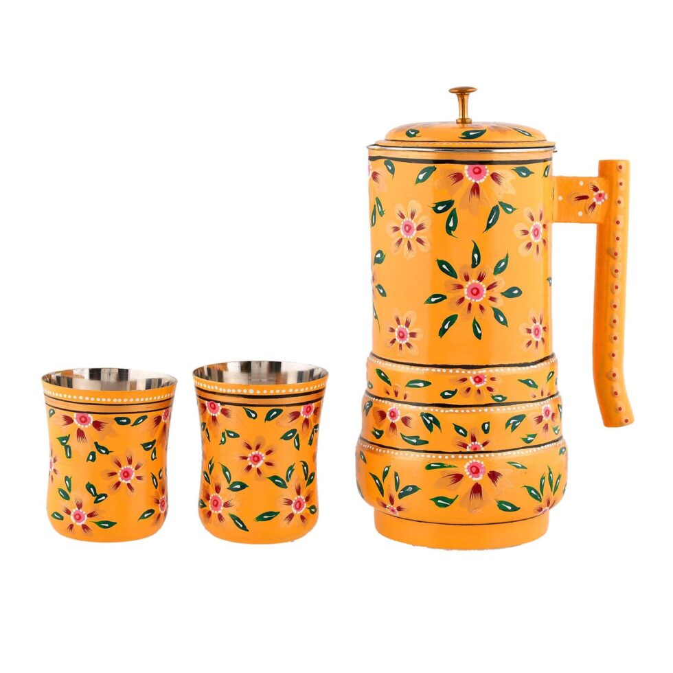 Handmade Rajasthani Hand-Painted Yellow Floral Metal Water Jug Set with 2 Glasses – Traditional Indian Drinkware for Home & Gifting (BLACKLUXE CRAFTS) - BLACKLUXECRAFTS
