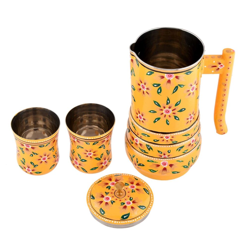 Handmade Rajasthani Hand-Painted Yellow Floral Metal Water Jug Set with 2 Glasses – Traditional Indian Drinkware for Home & Gifting (BLACKLUXE CRAFTS) - BLACKLUXECRAFTS