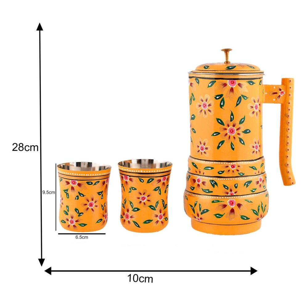 Handmade Rajasthani Hand-Painted Yellow Floral Metal Water Jug Set with 2 Glasses – Traditional Indian Drinkware for Home & Gifting (BLACKLUXE CRAFTS) - BLACKLUXECRAFTS