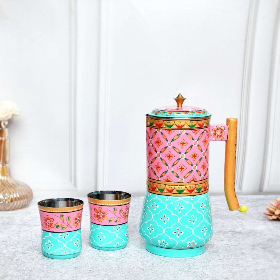 Handmade Rajasthani Hand-Painted Pink & Turquoise Floral Metal Water Jug Set with 2 Glasses – Traditional Indian Drinkware & Home Décor (BLACKLUXE CRAFTS) - BLACKLUXECRAFTS