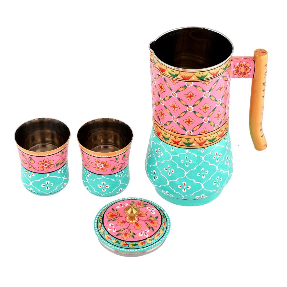 Handmade Rajasthani Hand-Painted Pink & Turquoise Floral Metal Water Jug Set with 2 Glasses – Traditional Indian Drinkware & Home Décor (BLACKLUXE CRAFTS) - BLACKLUXECRAFTS