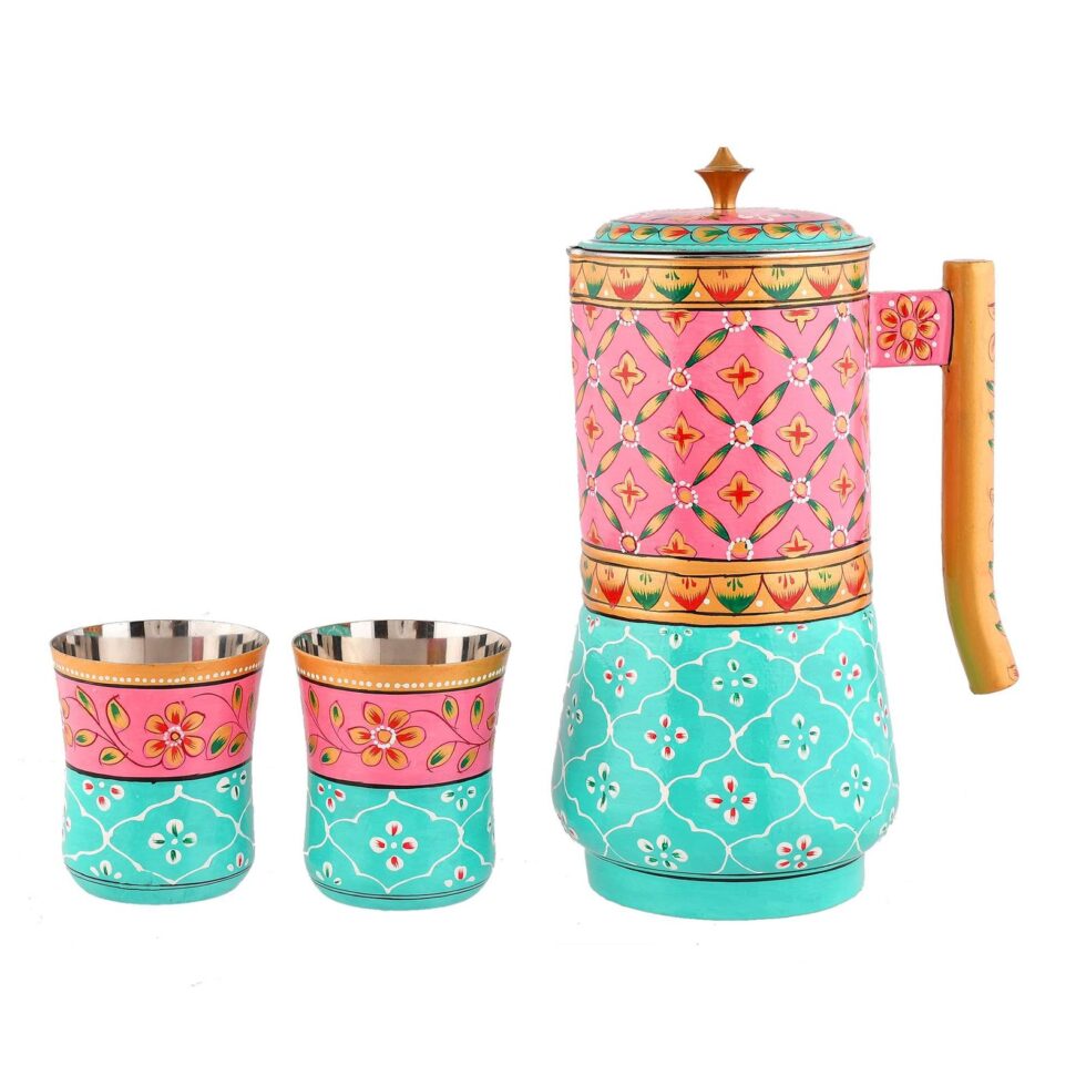 Handmade Rajasthani Hand-Painted Pink & Turquoise Floral Metal Water Jug Set with 2 Glasses – Traditional Indian Drinkware & Home Décor (BLACKLUXE CRAFTS) - BLACKLUXECRAFTS